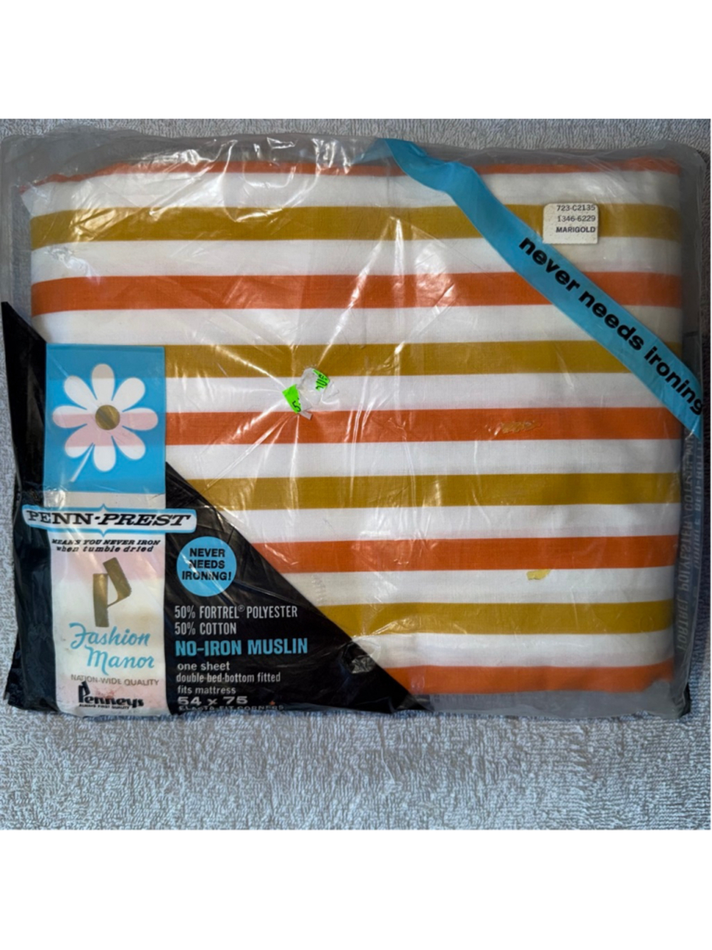 NOS Vintage Penn-Prest No-iron Muslin Double Bed Fitted Sheet Marigold 54 X 75